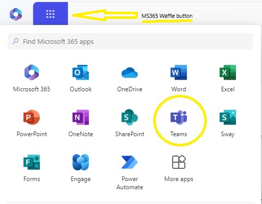 Accessing MS Teams from the MS365 'waffle' button
