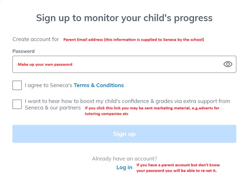 Setting up a parent account on Seneca.